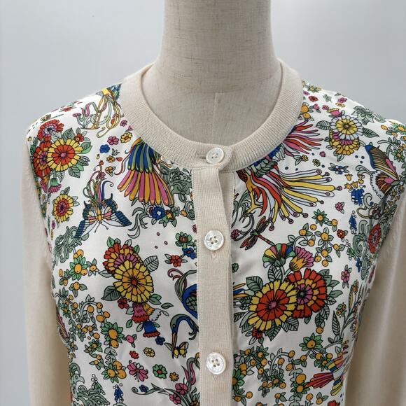 Tory Burch Silk Front Wool Cardigan Sweater Floral Peacock Cream Button-up READ - Picture 2 of 16